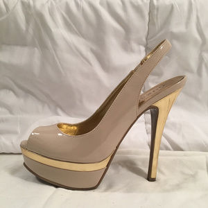 GUESS nude/gold sling back peep toe platform heels
